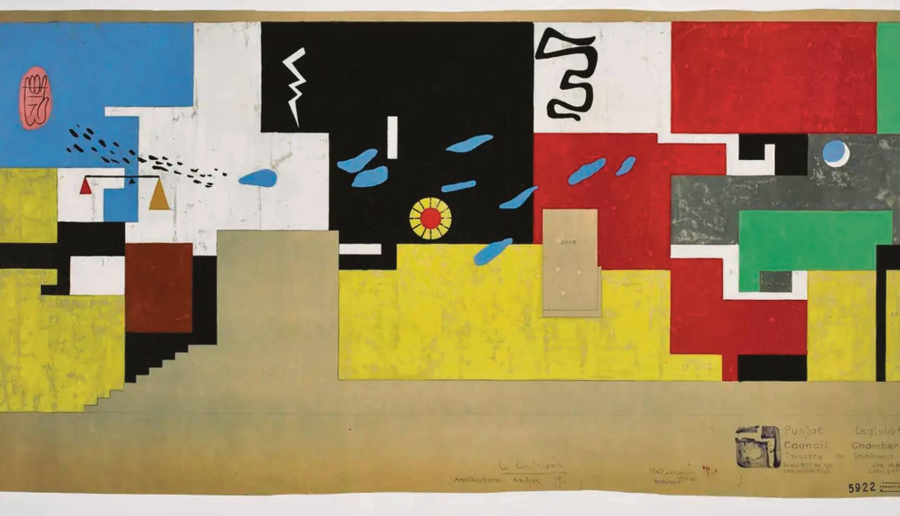 Etude pour la tapisserie de la salle du Conseil de la Haute Cour de Chandigarh, Le Corbusier (Charles-Edouard Jeanneret), 1961. Gouache sur tirage hélio, 49 × 122 cm, Fondation Le Corbusier, Paris. / © FLC/ProLitteris, Zurich
