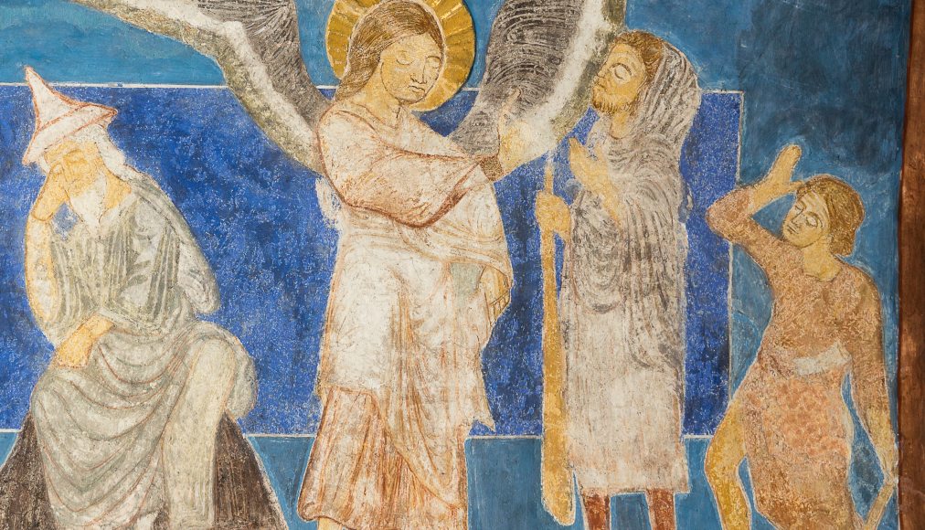 Fresque byzantine dans l'église de Bjaresjo, en Suède: un ange laisse d'heureuses nouvelles aux bergers. Fresque byzantine dans l'église de Bjaresjo, en Suède: un ange laisse d'heureuses nouvelles aux bergers. / © Stig Alenäs | Dreamstime.com